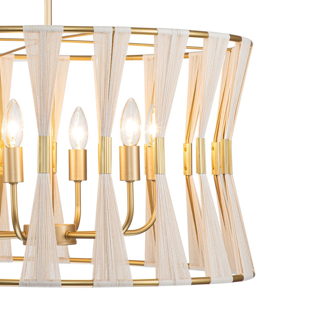 Ivory Woven Brass Open Drum Pendant Light