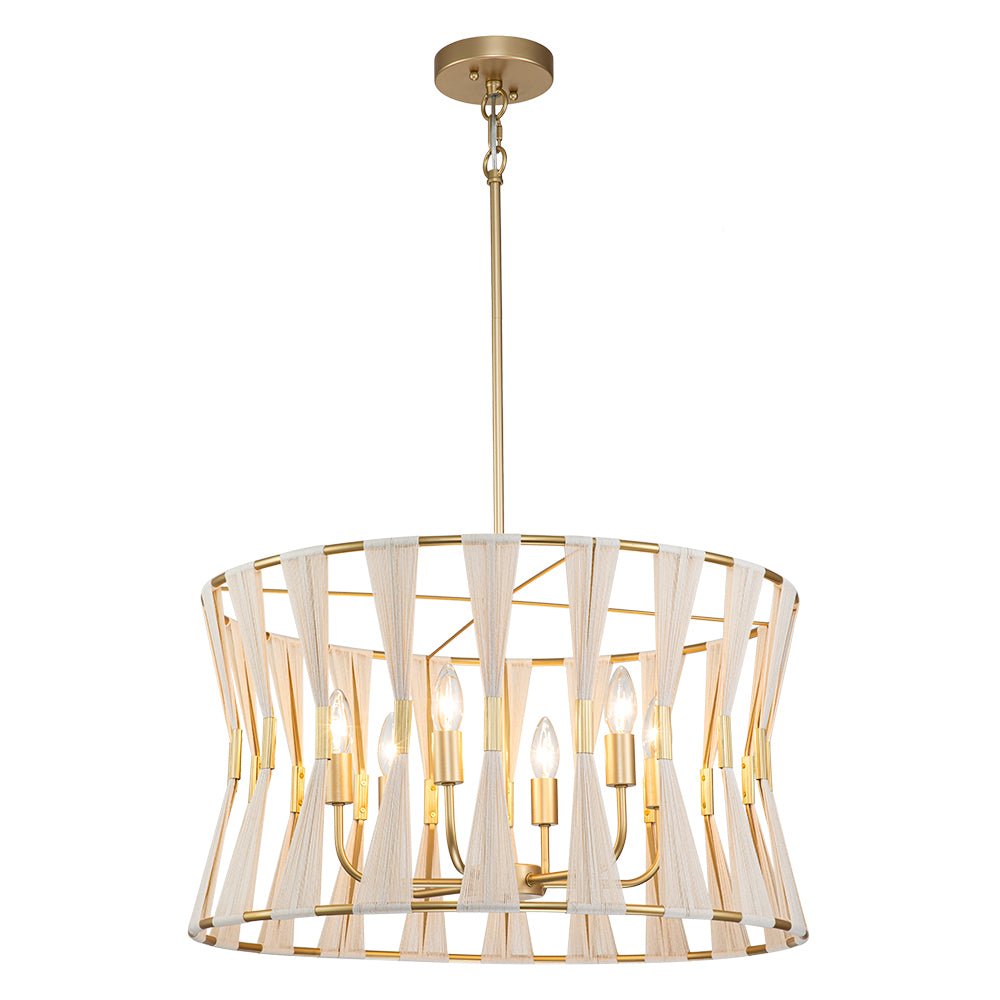 Ivory Woven Brass Open Drum Pendant Light