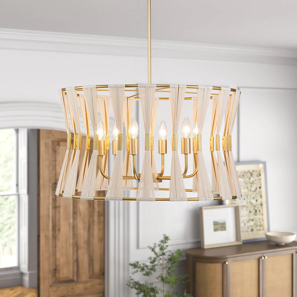 Ivory Woven Brass Open Drum Pendant Light