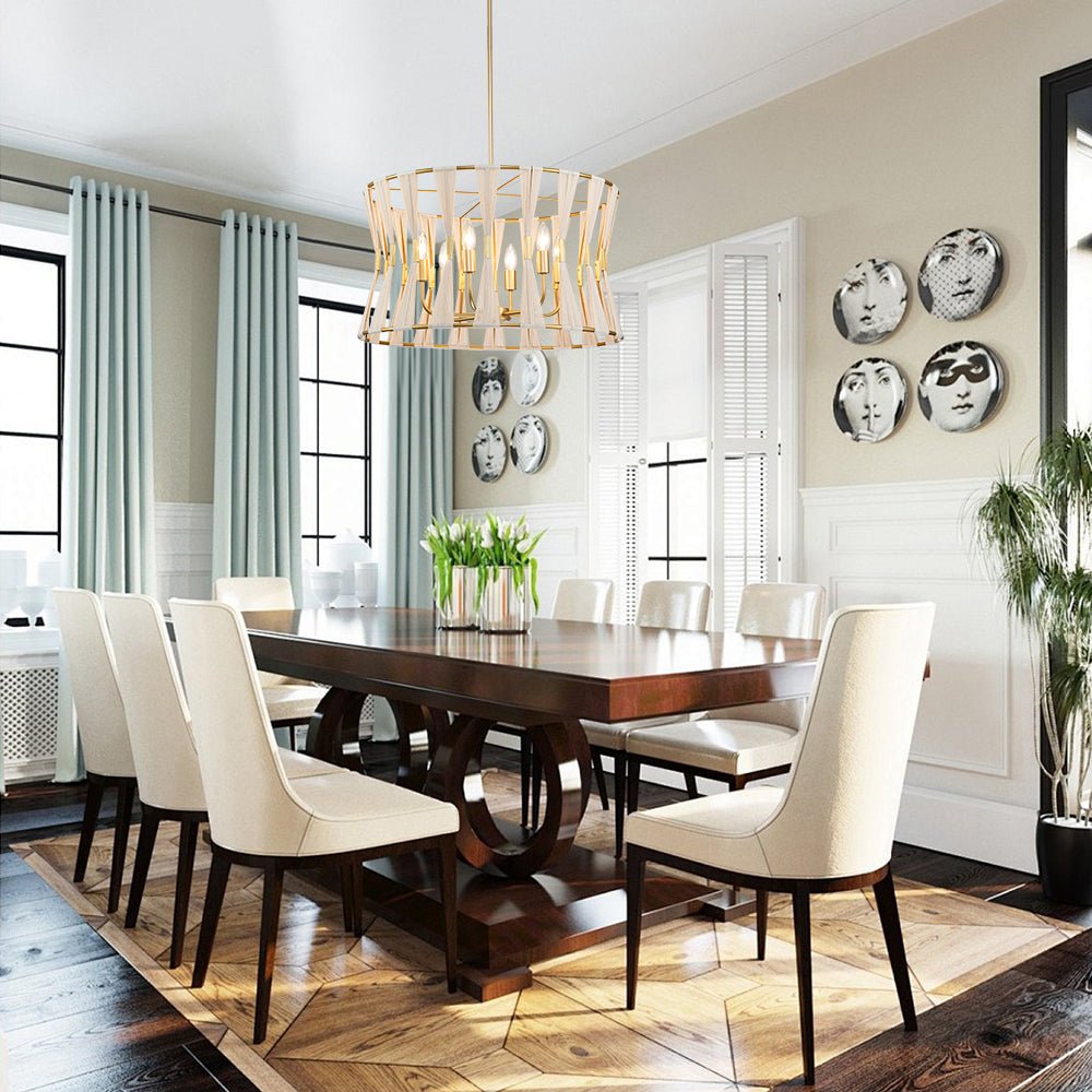 Ivory Woven Brass Open Drum Pendant Light