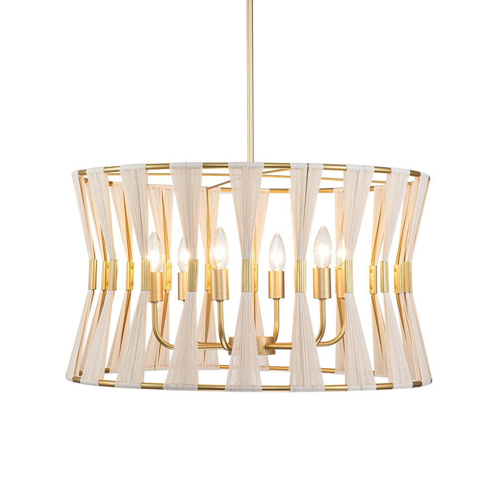 Ivory Woven Brass Open Drum Pendant Light