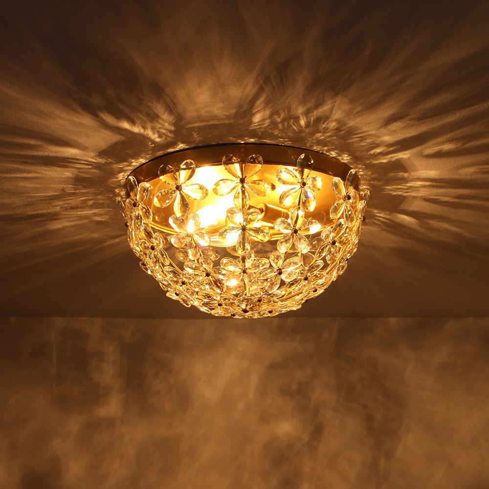 Luxe Brass Bloom Crystal Floral Cage Flush Mount Light