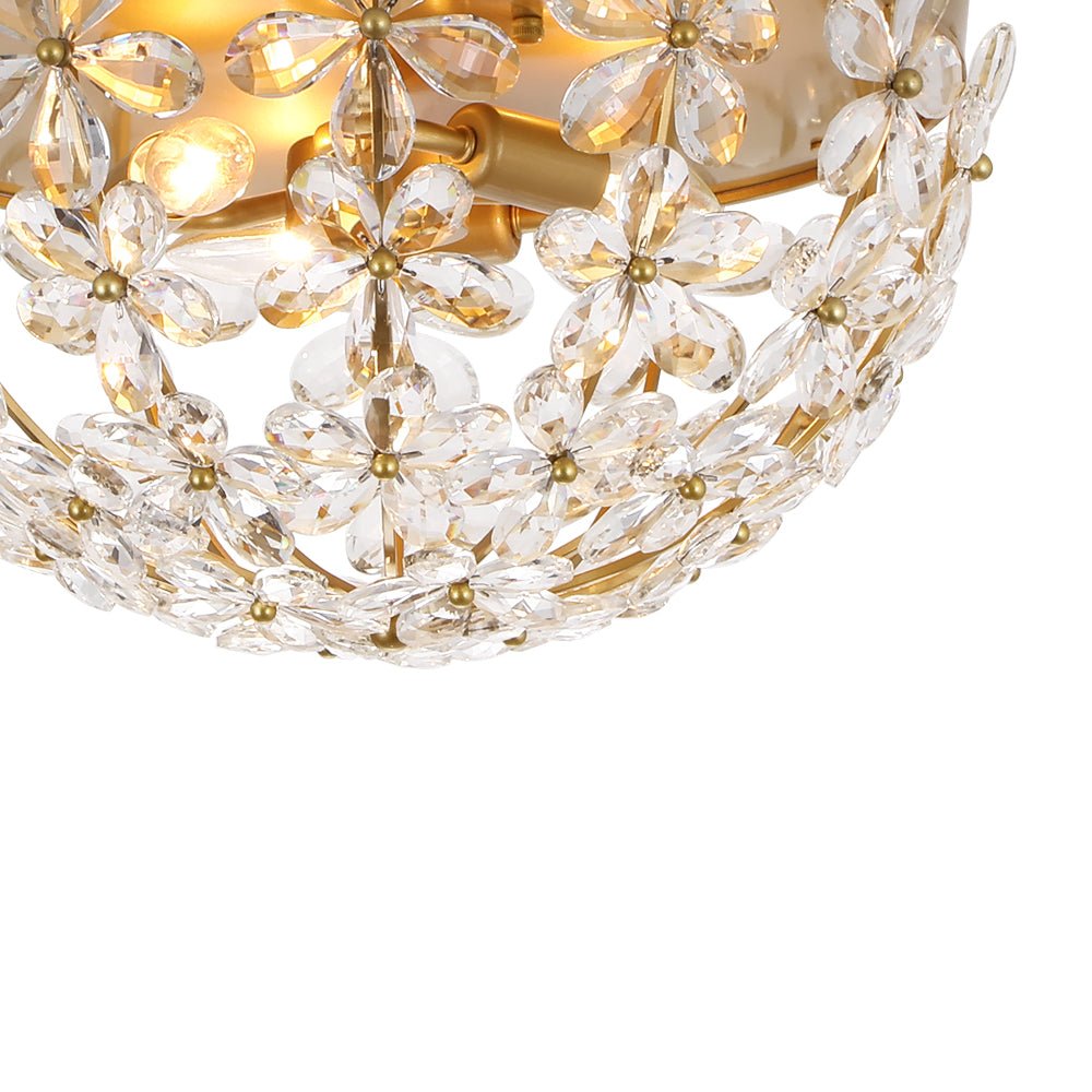 Luxe Brass Bloom Crystal Floral Cage Flush Mount Light