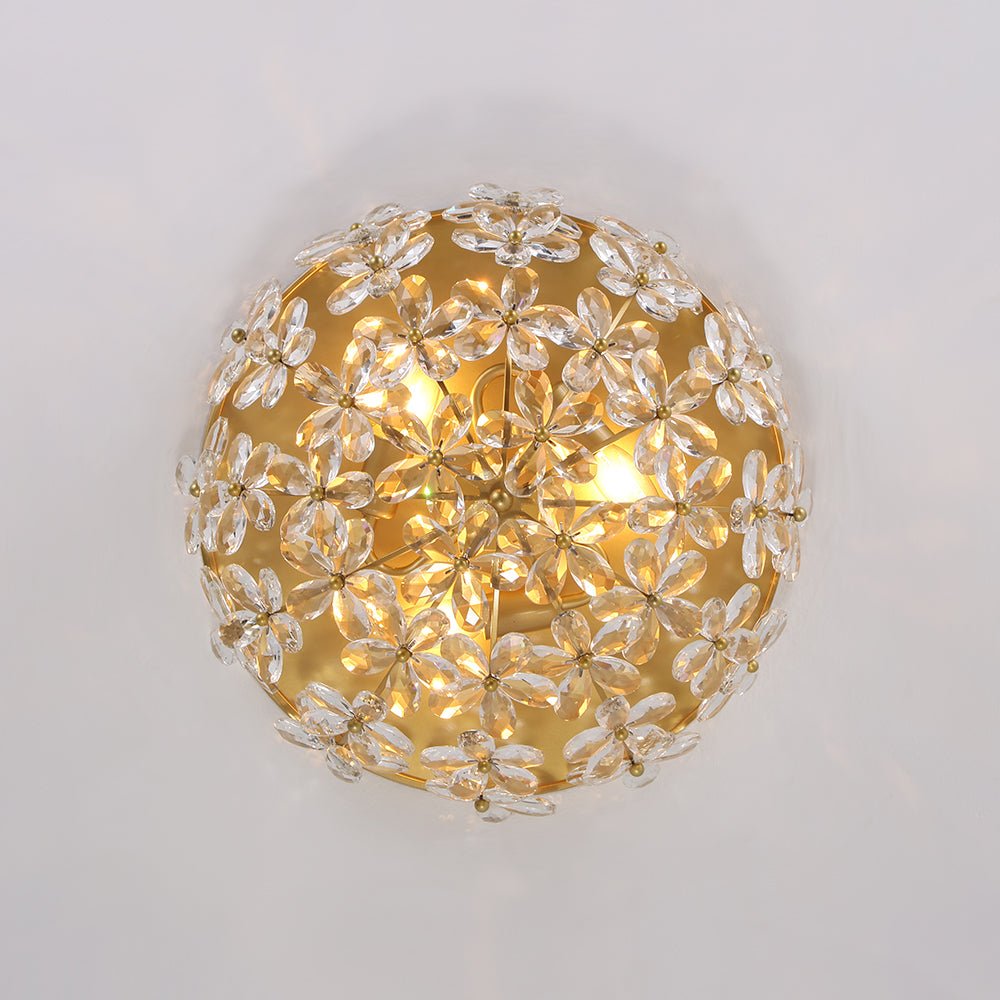 Luxe Brass Bloom Crystal Floral Cage Flush Mount Light