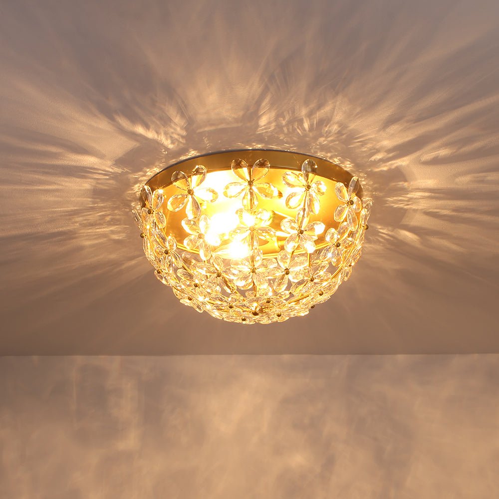 Luxe Brass Bloom Crystal Floral Cage Flush Mount Light