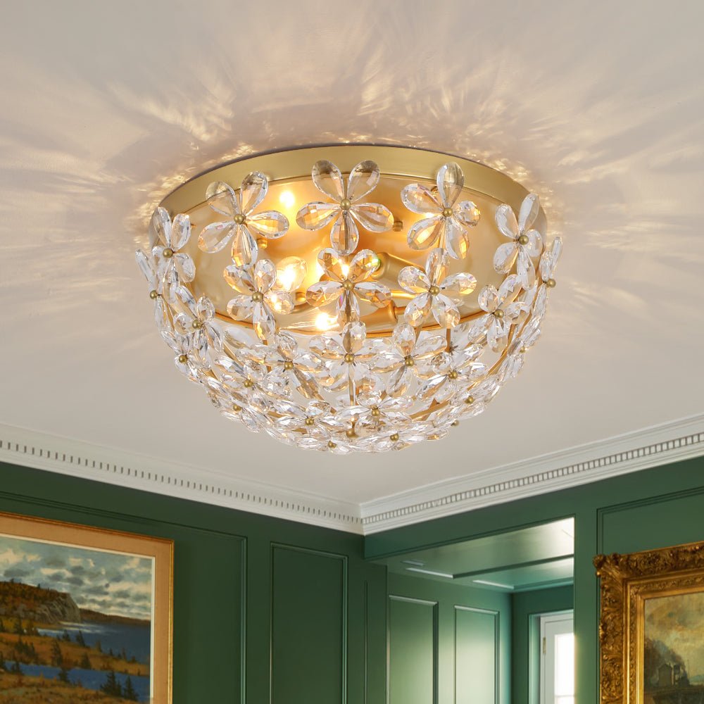 Luxe Brass Bloom Crystal Floral Cage Flush Mount Light