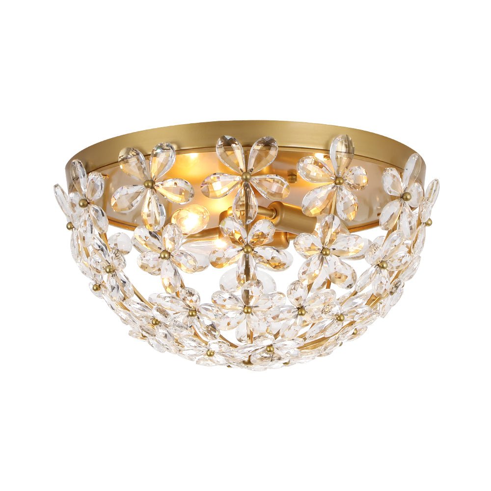 Luxe Brass Bloom Crystal Floral Cage Flush Mount Light