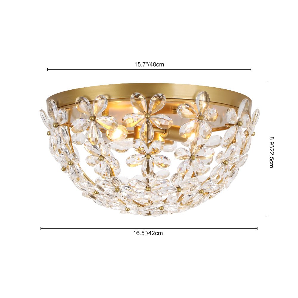 Luxe Brass Bloom Crystal Floral Cage Flush Mount Light