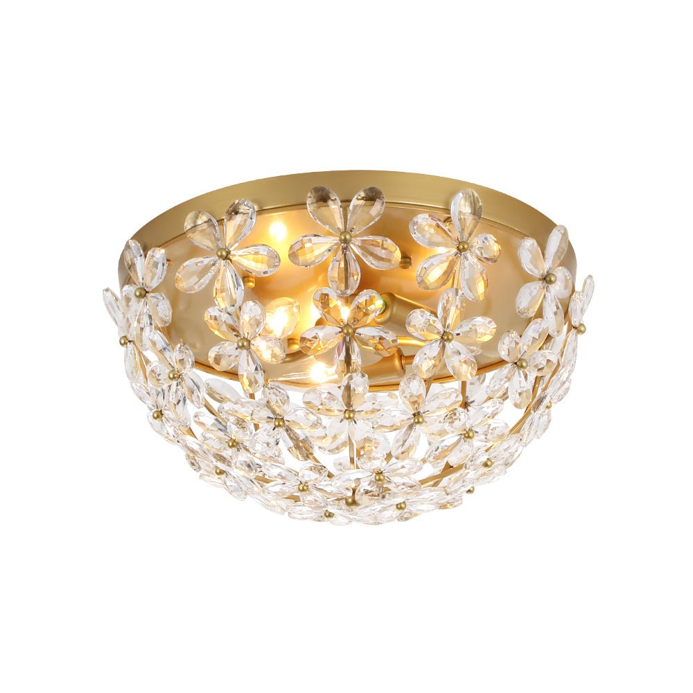 Luxe Brass Bloom Crystal Floral Cage Flush Mount Light