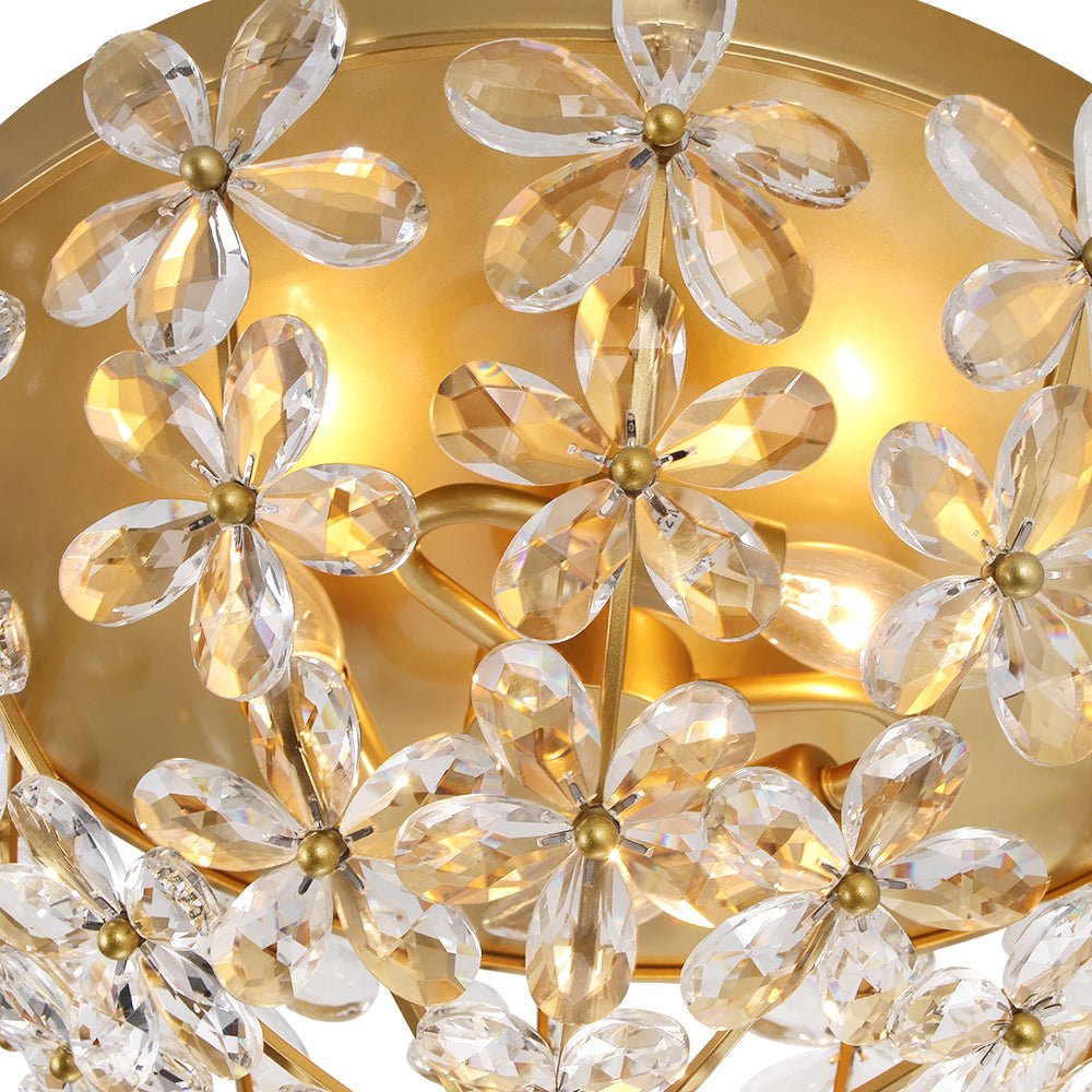 Luxe Brass Bloom Crystal Floral Cage Flush Mount Light