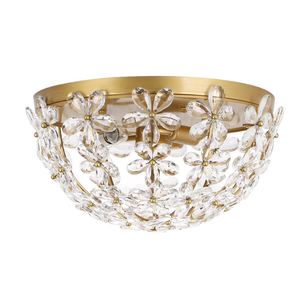 Luxe Brass Bloom Crystal Floral Cage Flush Mount Light