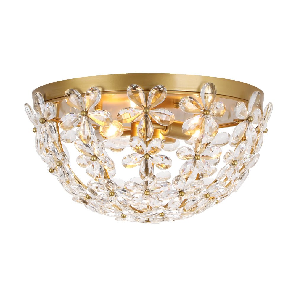 Luxe Brass Bloom Crystal Floral Cage Flush Mount Light