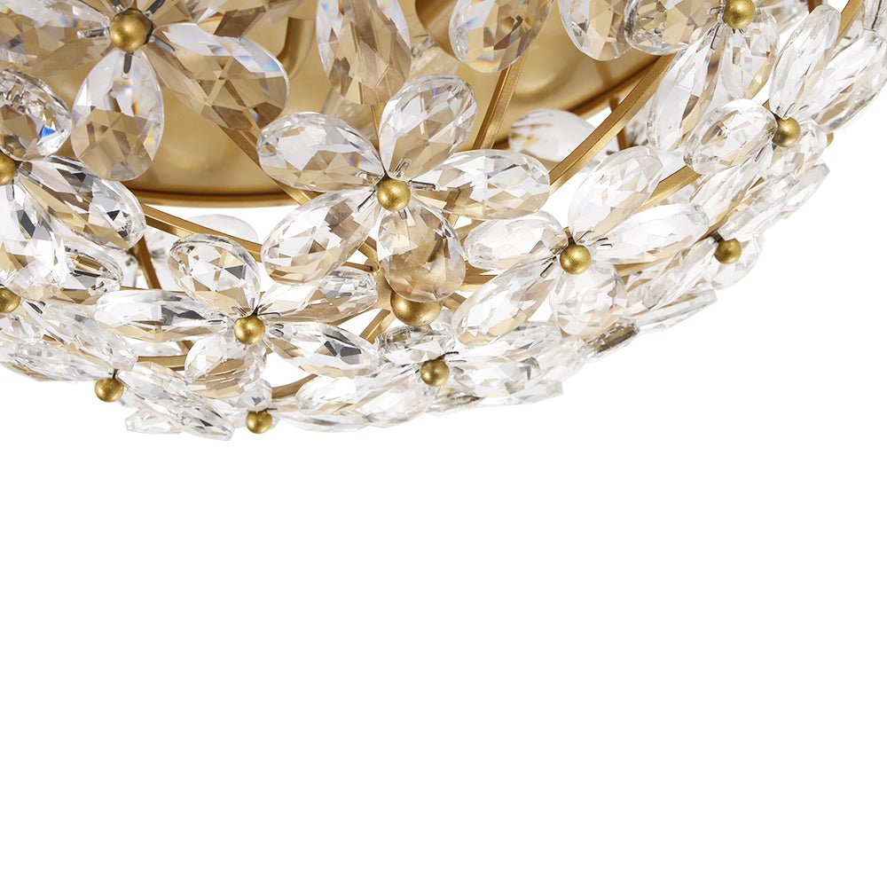 Luxe Brass Bloom Crystal Floral Cage Flush Mount Light