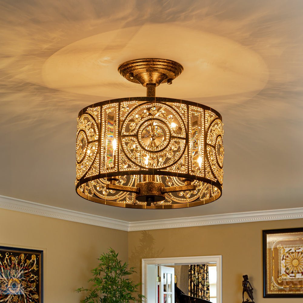 Luxe Moroccan Antique Crystal Drum Semi Flush Mount