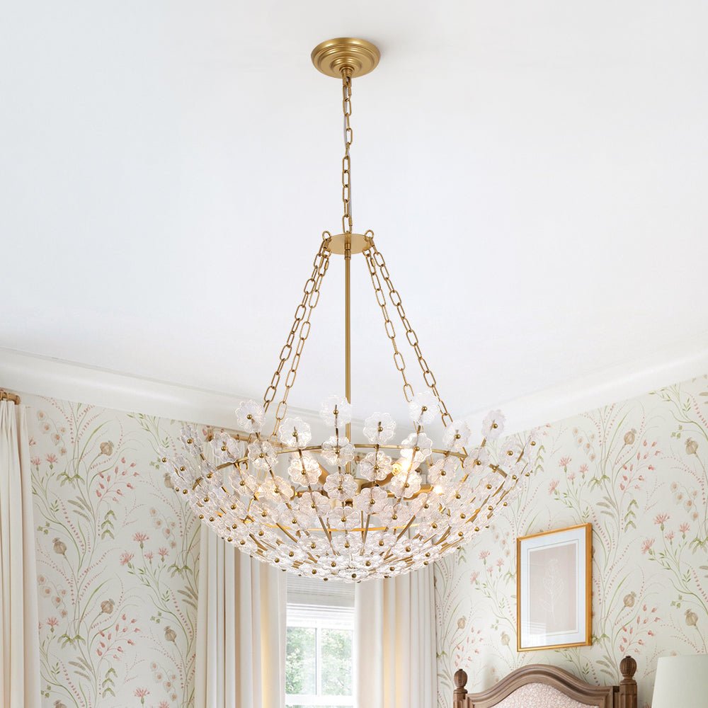 Luxe Sculpture Bloom Glass Floral Brass Basket Chandelier