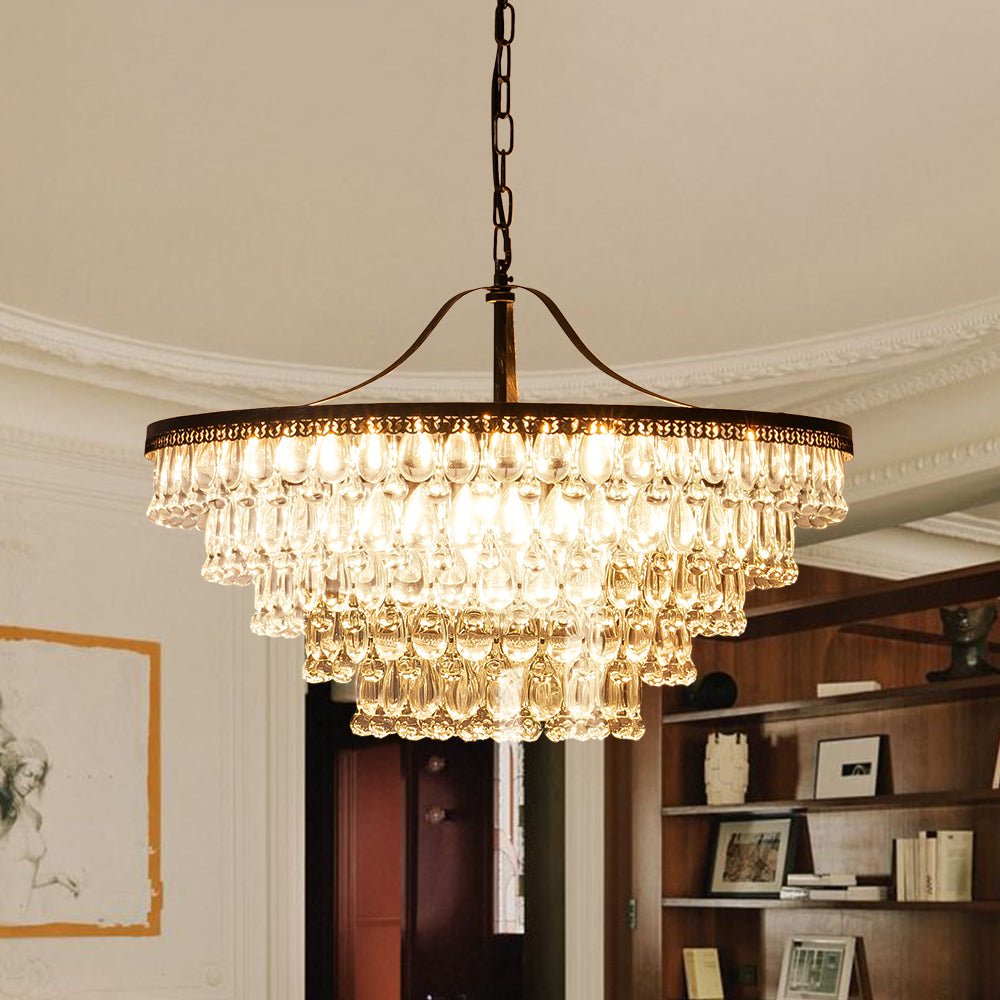 Luxury Glam Tiered Crystal Raindrop Round Chandelier