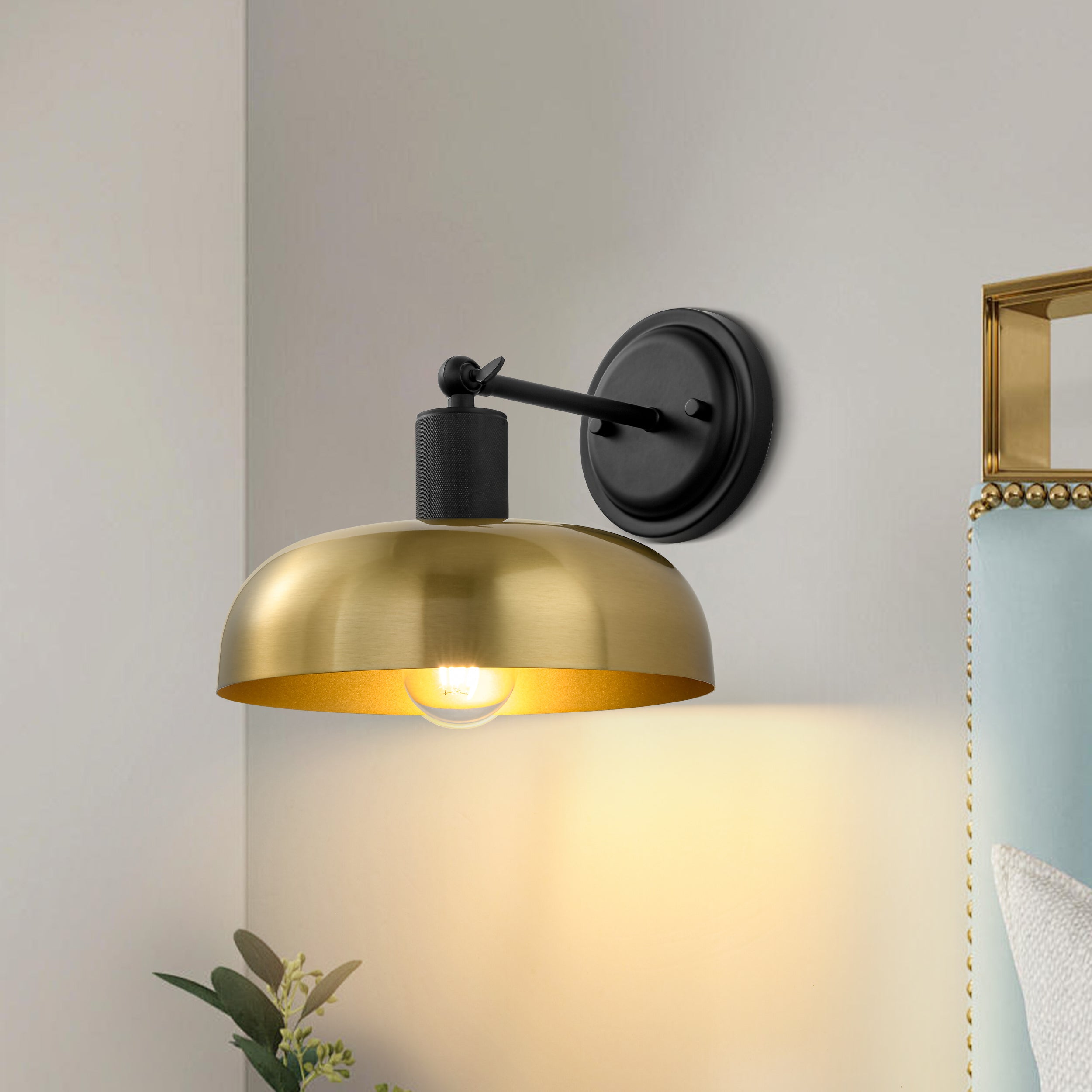 Mid-Century 1-Light Black Brass Metal Dome Wall Sconce