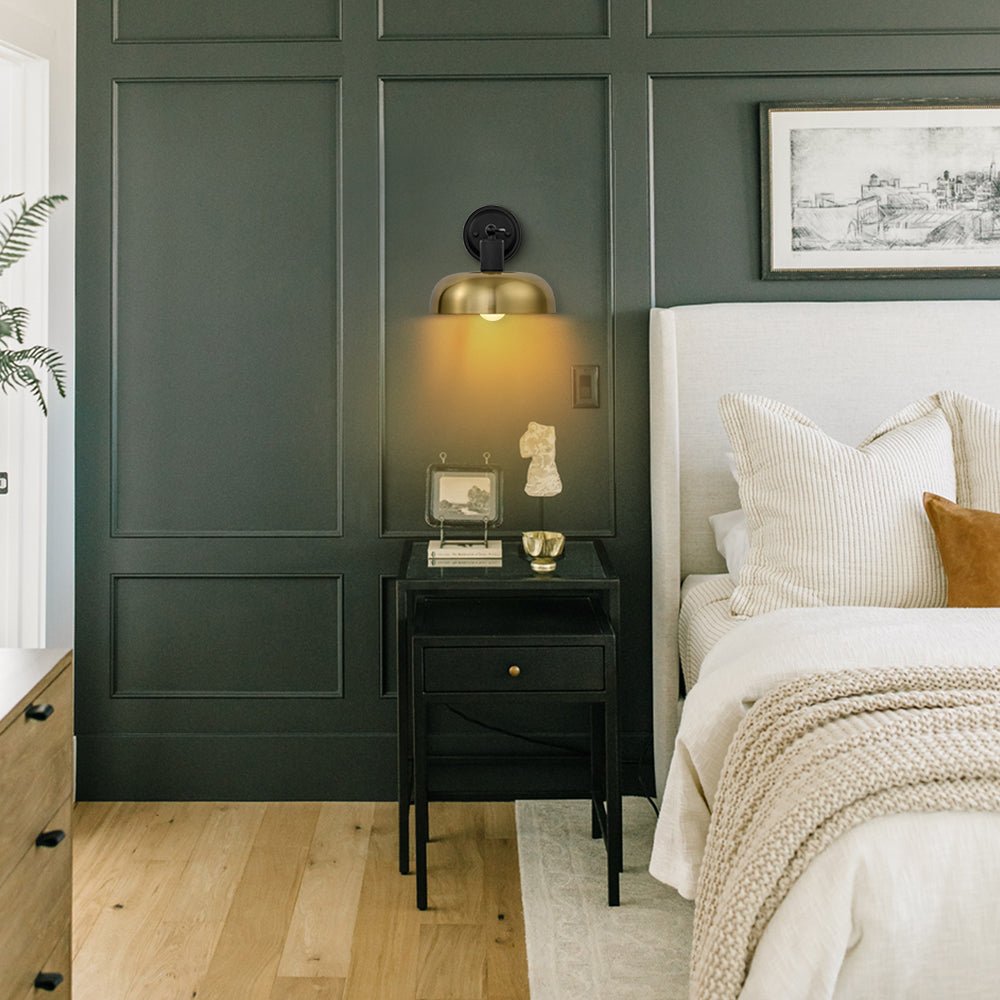 Mid-Century 1-Light Black Brass Metal Dome Wall Sconce
