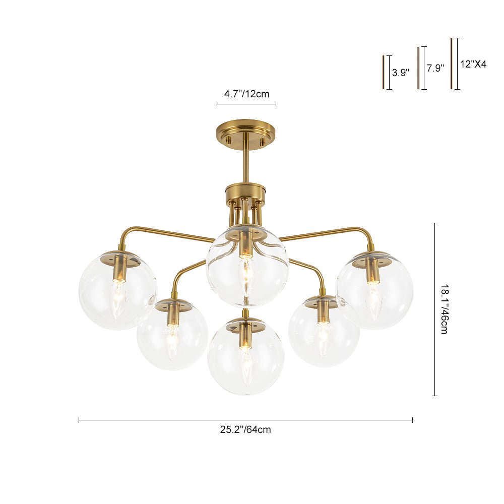 Mid-Century 6-Light Glass Bubble Sputnik Semi Flush Chandelier