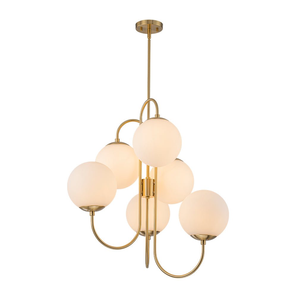 Mid-Century 6-Light Goose Arm Opal Glass Globe Tiered Chandelier