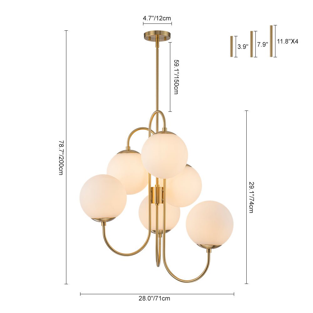 Mid-Century 6-Light Goose Arm Opal Glass Globe Tiered Chandelier