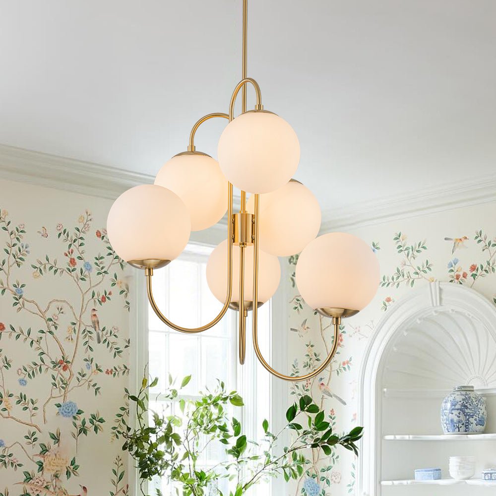 Mid-Century 6-Light Goose Arm Opal Glass Globe Tiered Chandelier
