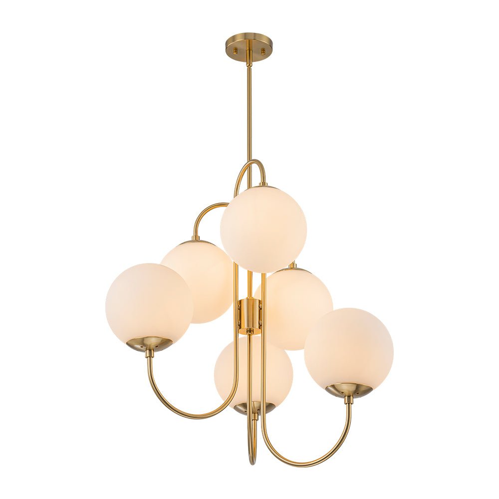 Mid-Century 6-Light Goose Arm Opal Glass Globe Tiered Chandelier