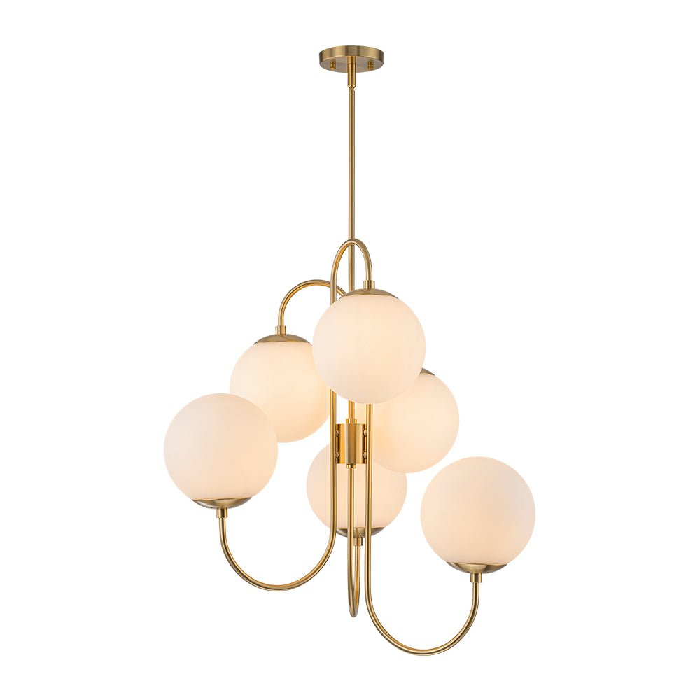 Mid-Century 6-Light Goose Arm Opal Glass Globe Tiered Chandelier