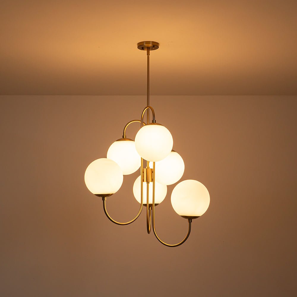 Mid-Century 6-Light Goose Arm Opal Glass Globe Tiered Chandelier