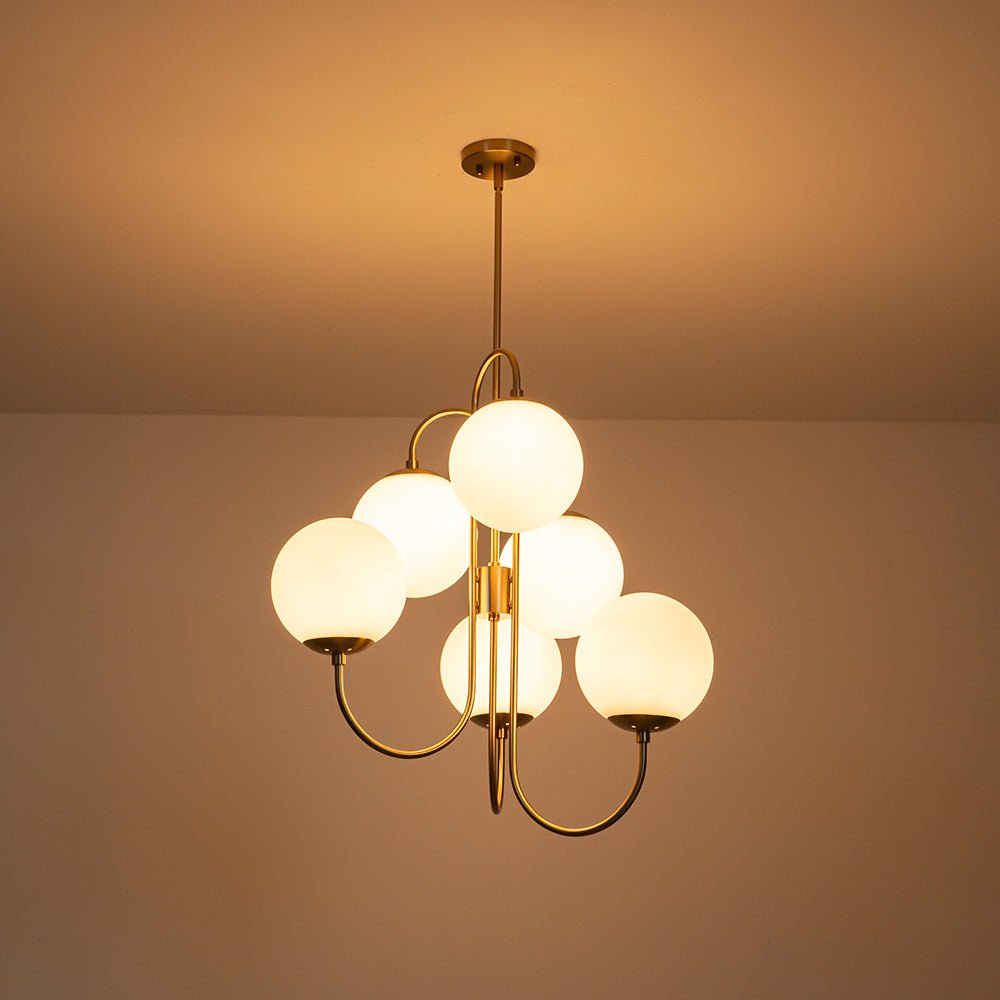 Mid-Century 6-Light Goose Arm Opal Glass Globe Tiered Chandelier