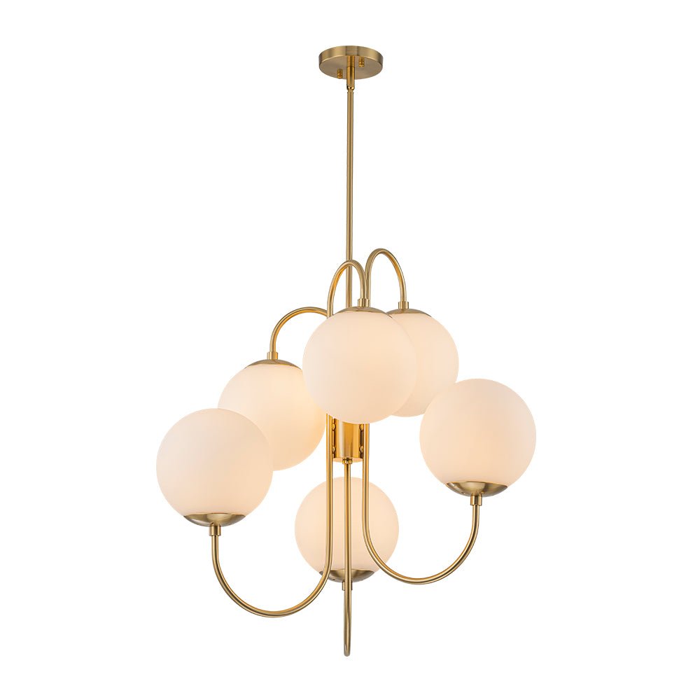 Mid-Century 6-Light Goose Arm Opal Glass Globe Tiered Chandelier