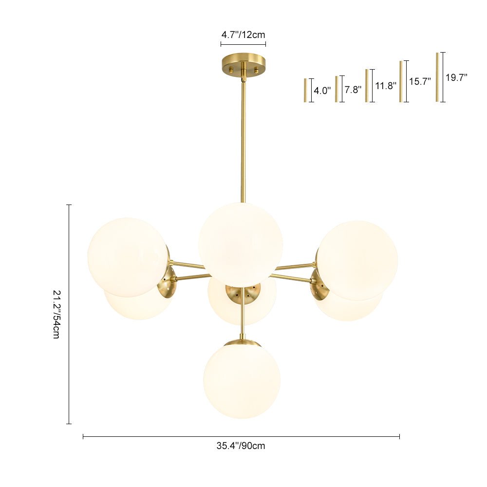 Mid-Century 7-light Brass Opal Glass Globe Sputnik Chandelier