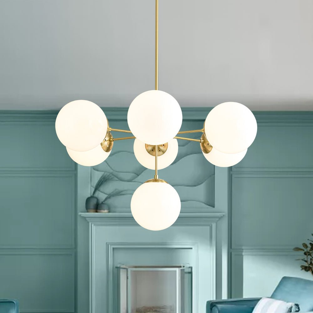 Mid-Century 7-light Brass Opal Glass Globe Sputnik Chandelier