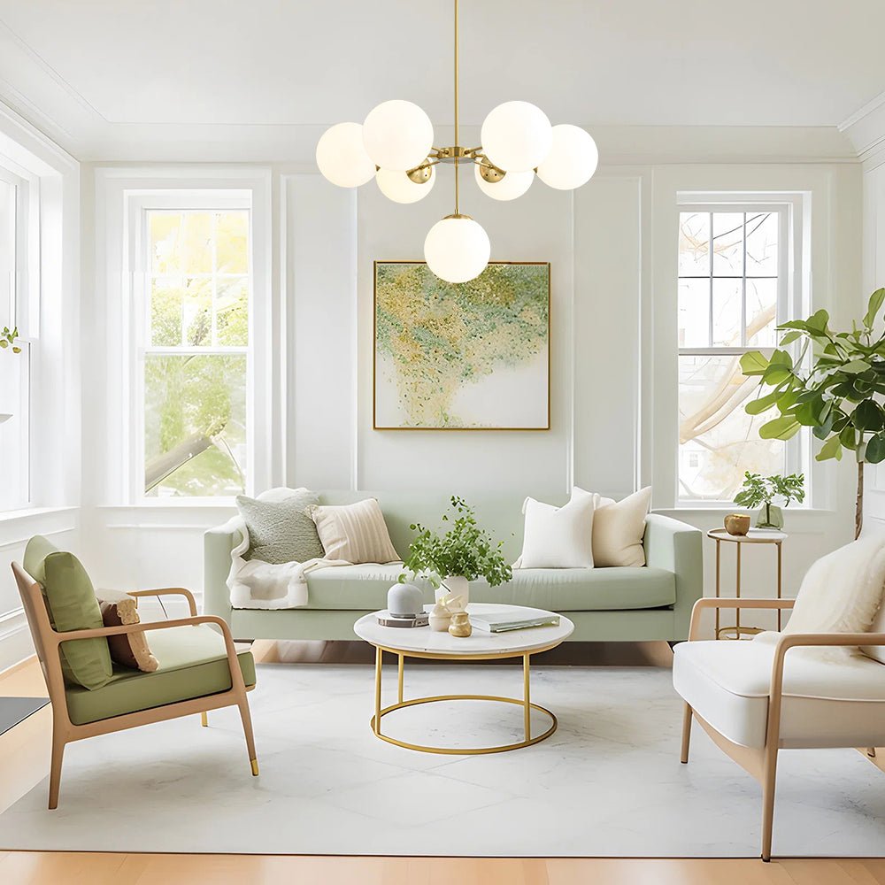Mid-Century 7-light Brass Opal Glass Globe Sputnik Chandelier