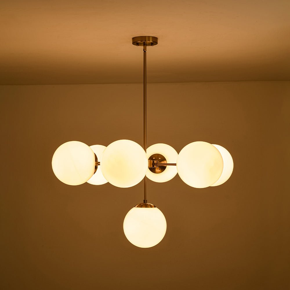 Mid-Century 7-light Brass Opal Glass Globe Sputnik Chandelier