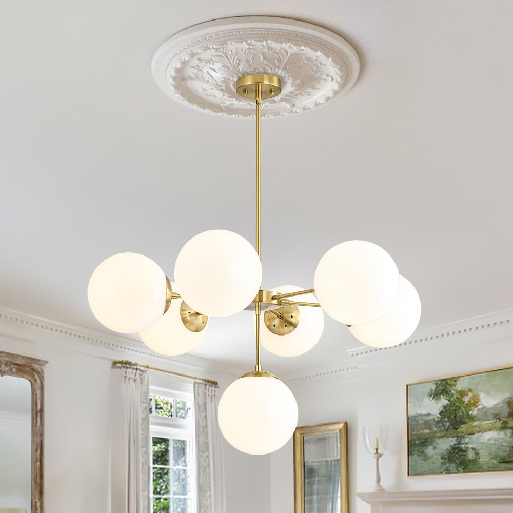 Mid-Century 7-light Brass Opal Glass Globe Sputnik Chandelier
