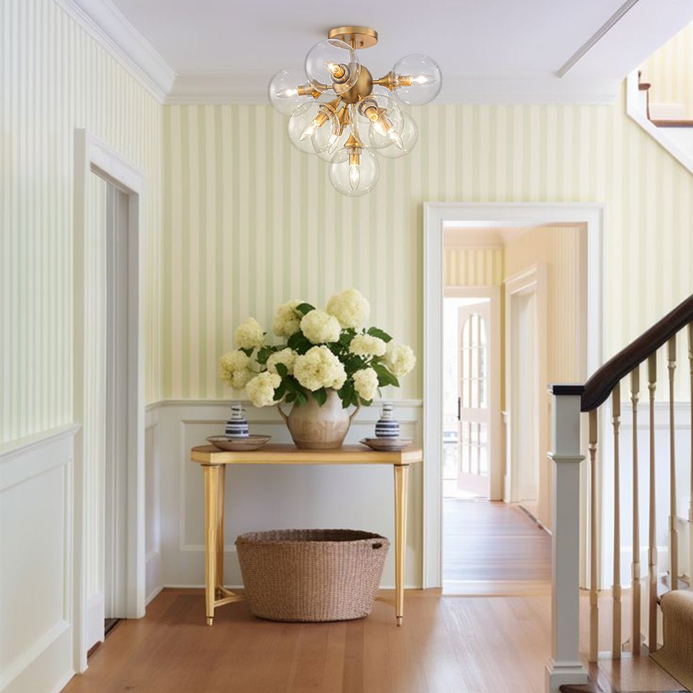 Mid-Century Brass Glass Bubble Tiered Semi Flush Chandelier