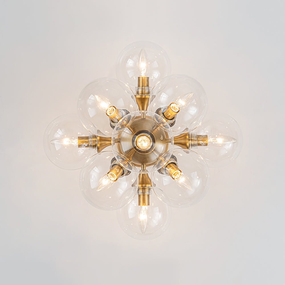 Mid-Century Brass Glass Bubble Tiered Semi Flush Chandelier