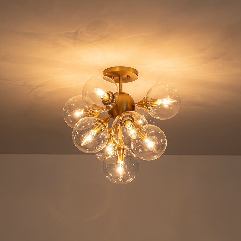 Mid-Century Brass Glass Bubble Tiered Semi Flush Chandelier