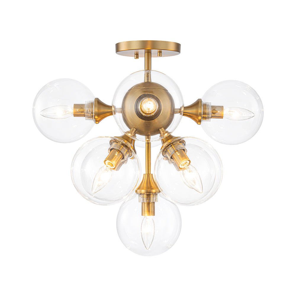 Mid-Century Brass Glass Bubble Tiered Semi Flush Chandelier