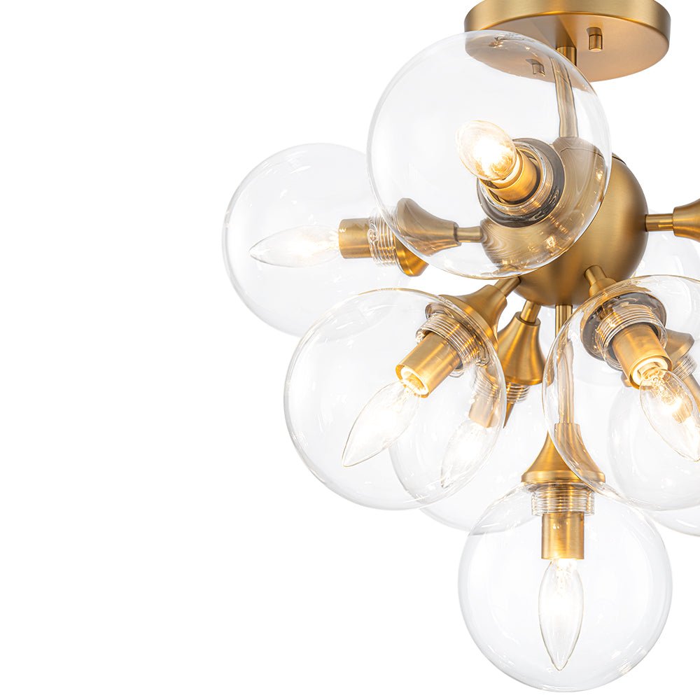 Mid-Century Brass Glass Bubble Tiered Semi Flush Chandelier