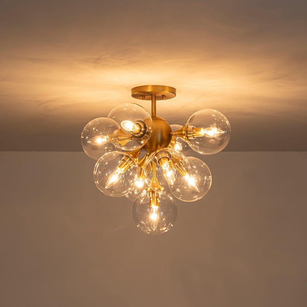 Mid-Century Brass Glass Bubble Tiered Semi Flush Chandelier