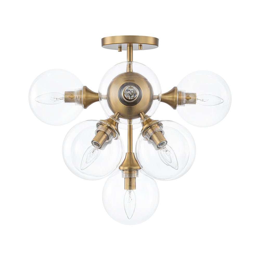 Mid-Century Brass Glass Bubble Tiered Semi Flush Chandelier