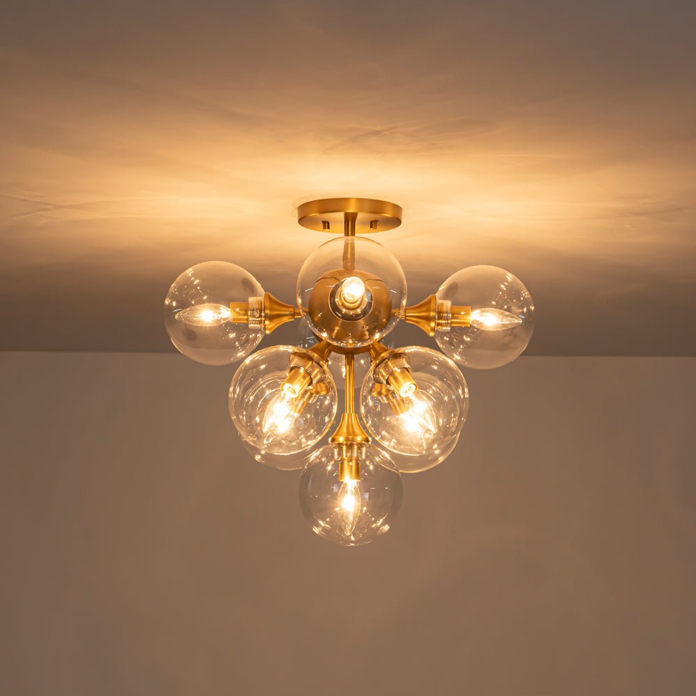 Mid-Century Brass Glass Bubble Tiered Semi Flush Chandelier