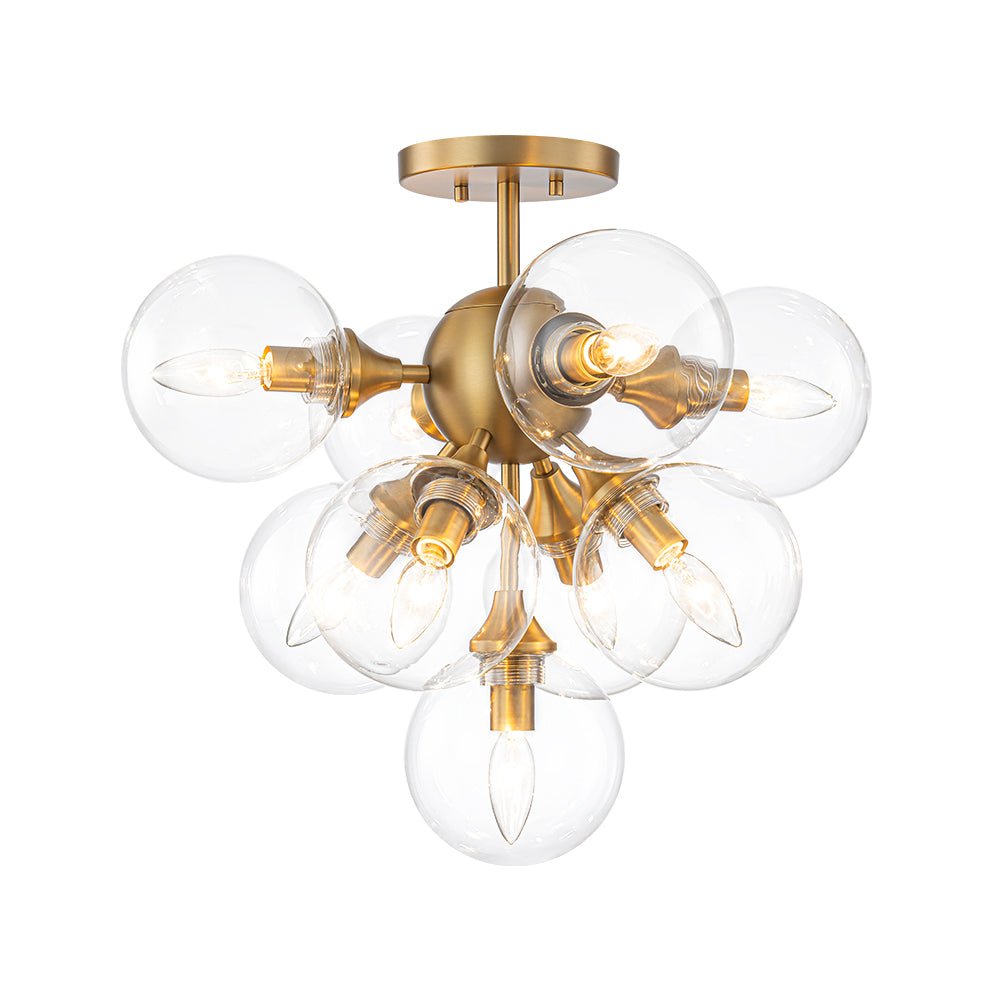 Mid-Century Brass Glass Bubble Tiered Semi Flush Chandelier