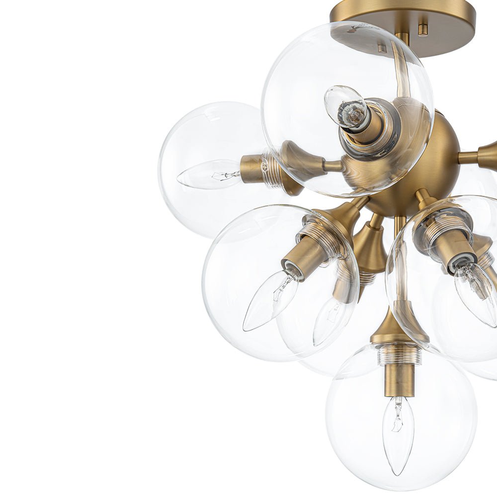 Mid-Century Brass Glass Bubble Tiered Semi Flush Chandelier