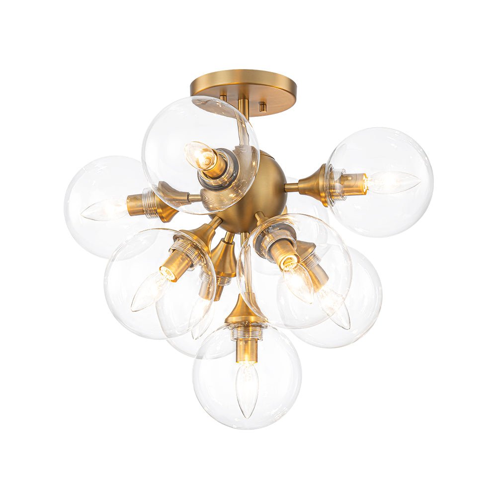 Mid-Century Brass Glass Bubble Tiered Semi Flush Chandelier
