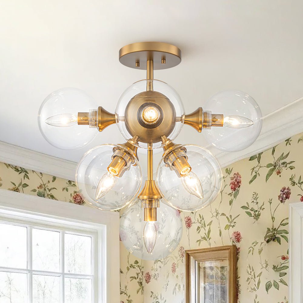 Mid-Century Brass Glass Bubble Tiered Semi Flush Chandelier