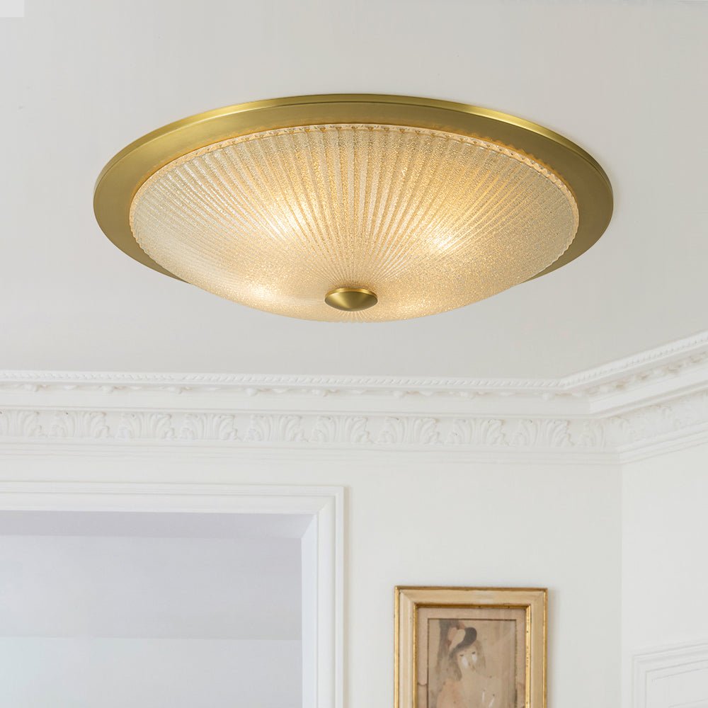 (OpenBox) Mid-Century Brass Ribbed Textured Glass Flush Mount