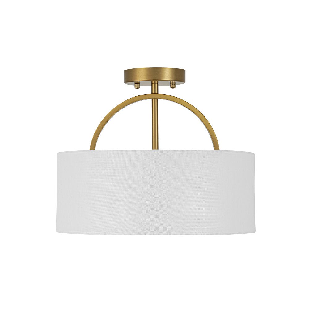 Mid-Century Brass Wide Linen Drum Semi Flush Mount